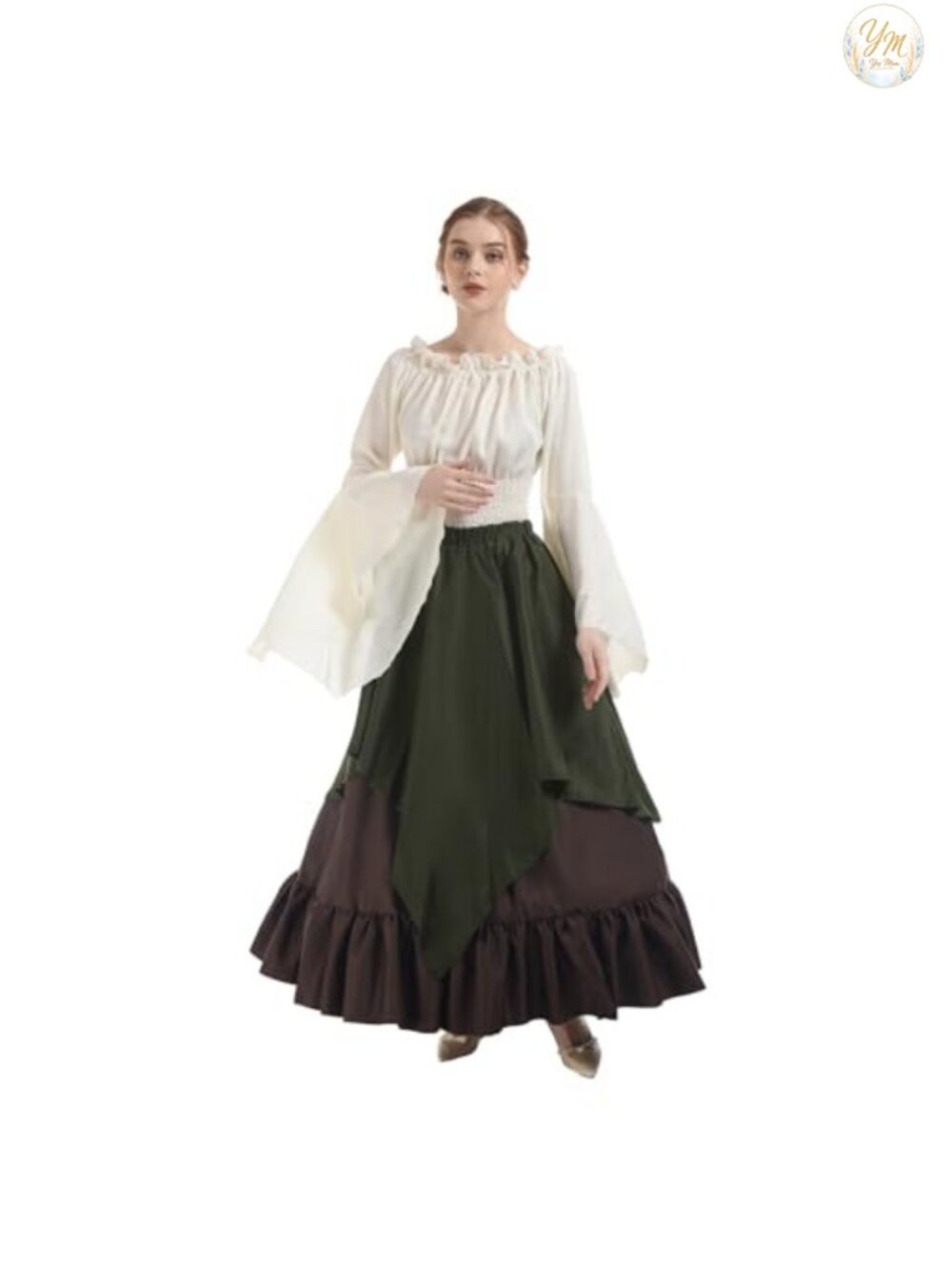 Women Renaissance Medieval Costume Long Flare Sleeve Ball Gown